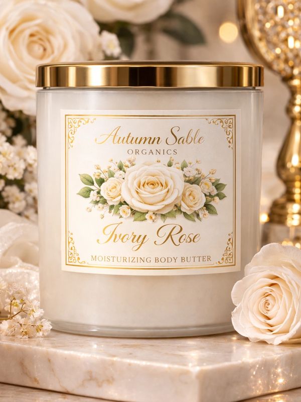 Autumn Sable Ivory Rose moisturizing body butter in an elegant jar with floral design.
