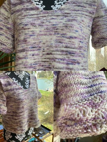 hand knit t-shirt with a wavy Seagram stitch design on the hem and cuffs