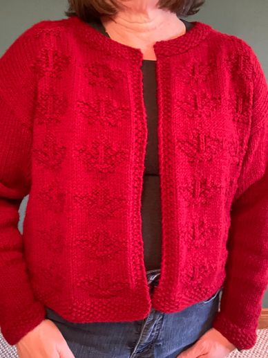 A knit cardigan covered in maple leaves