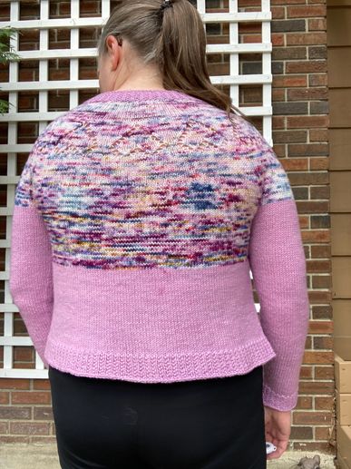 A cardigan with upside down hearts across the yoke. 