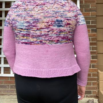 A cardigan with an upside down hearts lace pattern across the back. 