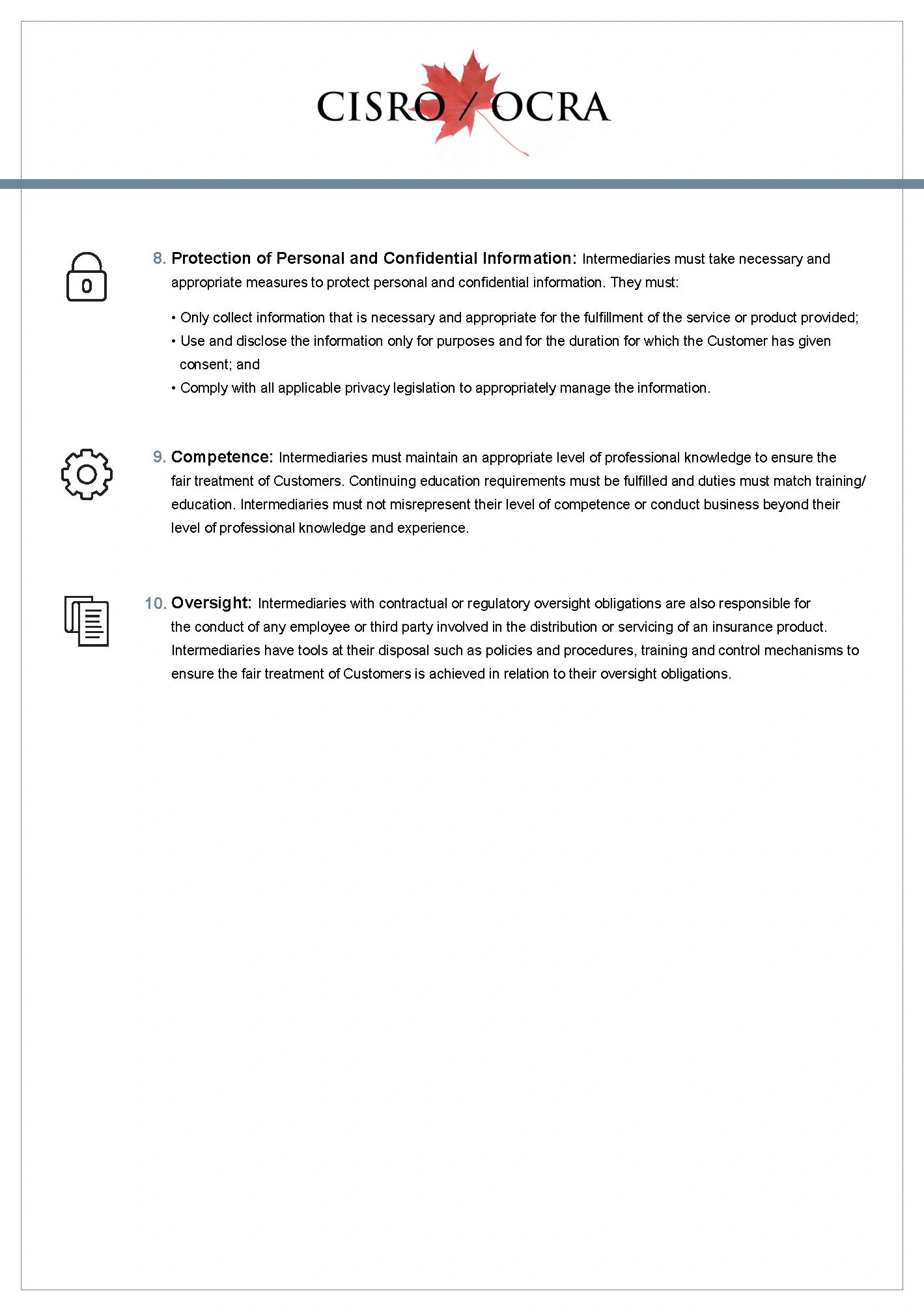 Protection, competence, and oversight guidelines for intermediaries by CISRO/OCRA.