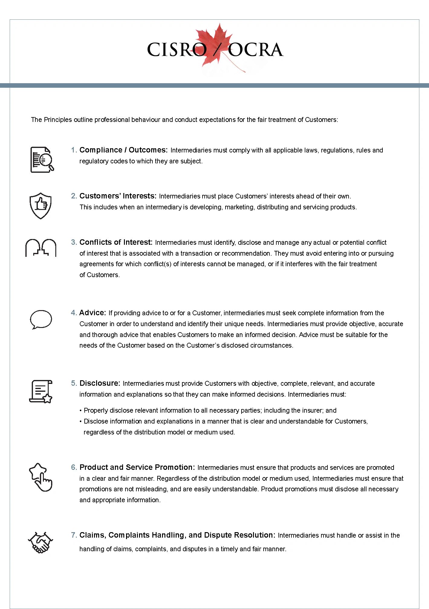Principles outlining professional behavior for intermediaries focused on customer fairness.