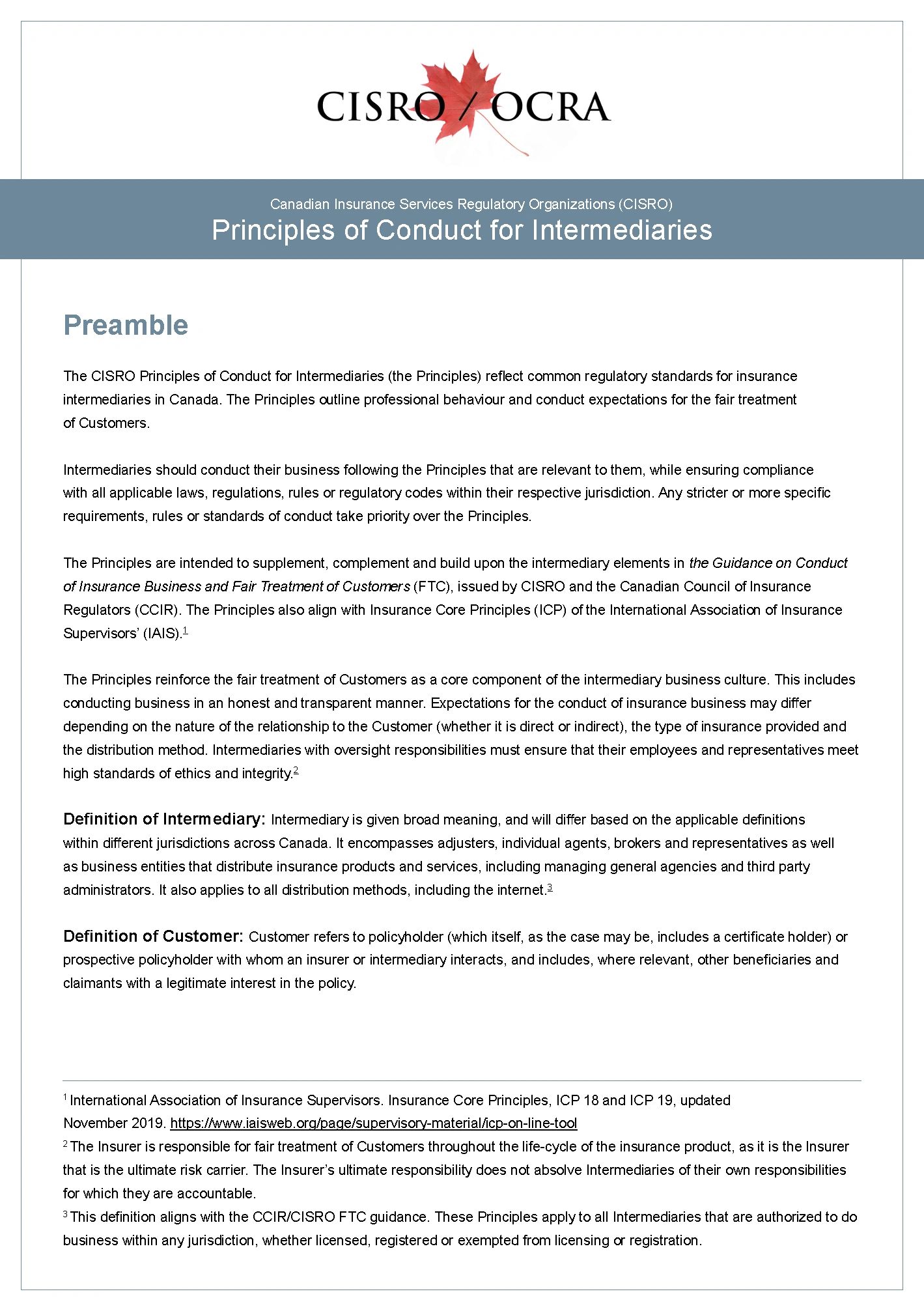 CISRO Principles of Conduct for Intermediaries outlining ethical insurance practices in Canada.