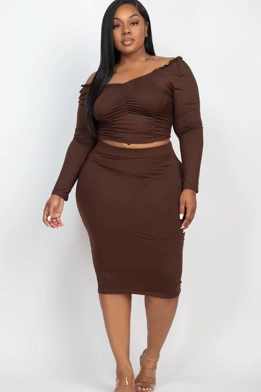 Ruched Long Sleeve And Skirt Set