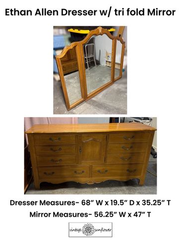 Vintage Ethan Allen dresser with tri-fold mirror in warm wood tone.