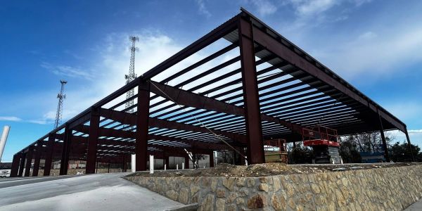 Steel framework of a building under construction.