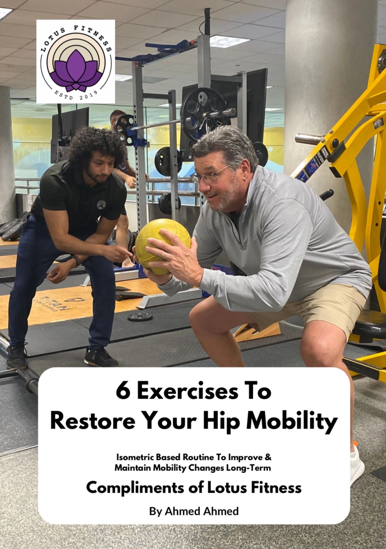 Trainer coaching a man on hip mobility exercise.