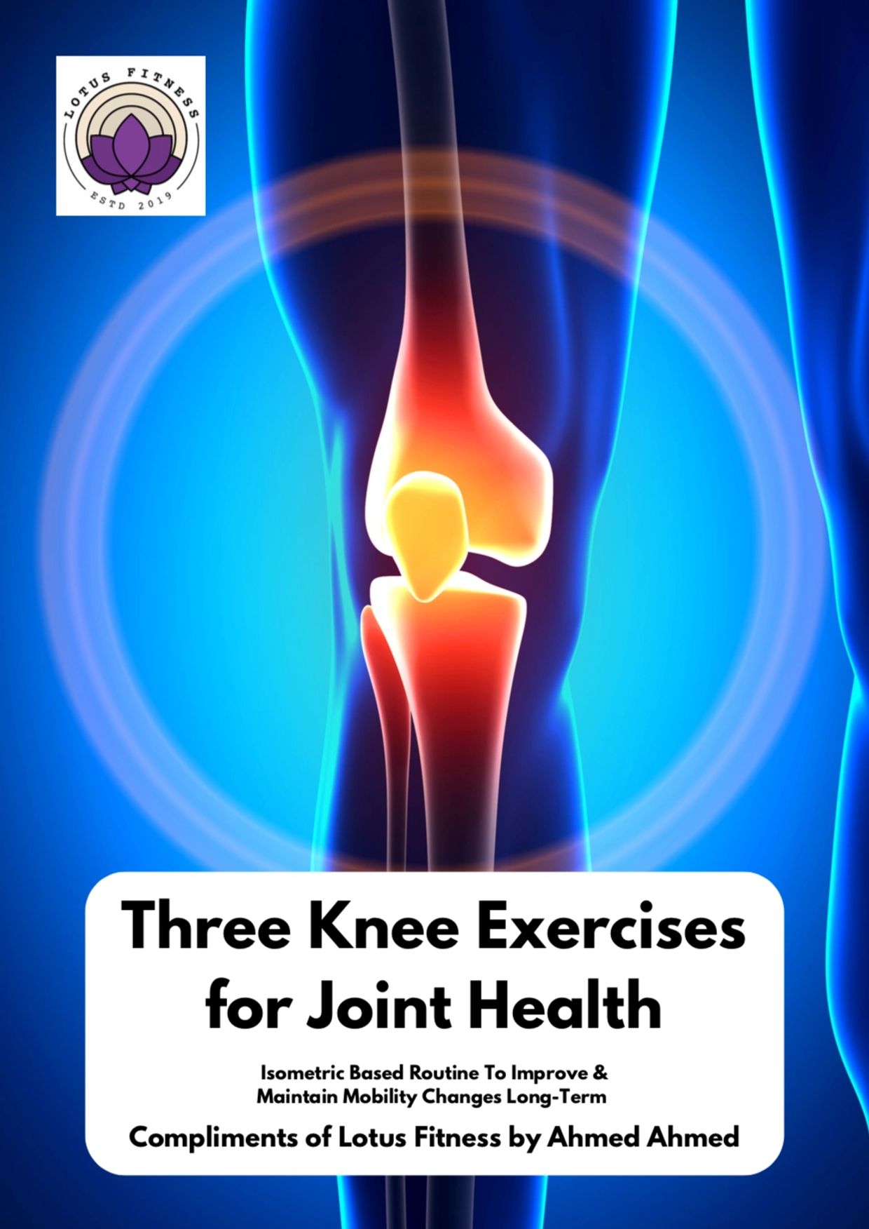 Illustration of a knee joint with exercises for joint health.