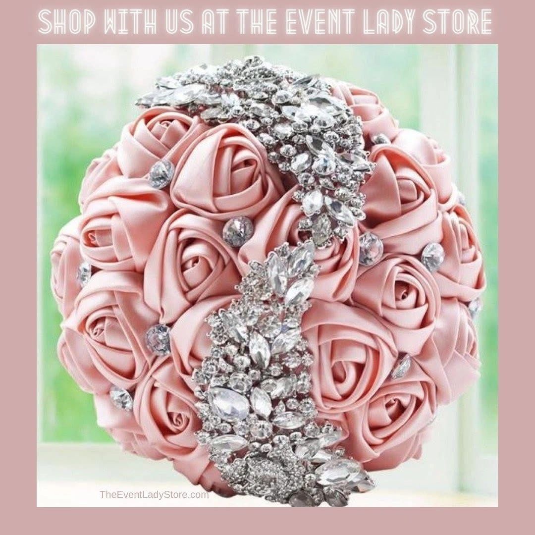 Pink ribbon bouquet with rhinestone brooch for a bride or a quinceañera