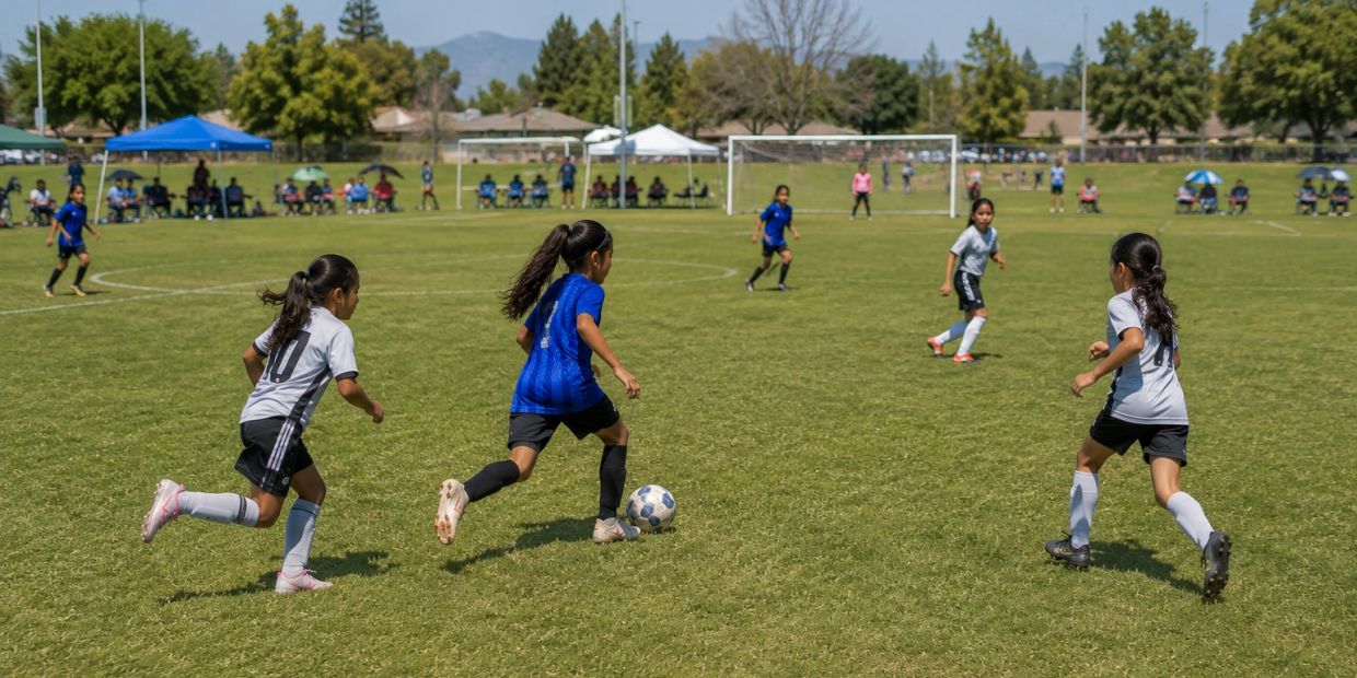 Girls playing soccer on a sunny field.
