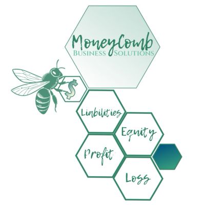 Logo for MoneyComb Business Solutions featuring a honeycomb and a bee.