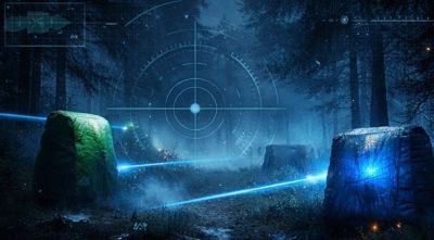 Mystical forest with glowing stones connected by blue beams under a night sky.