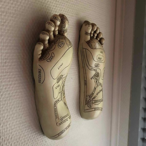 A reflexology model of the left and right foot showing a map of the body's reflexes