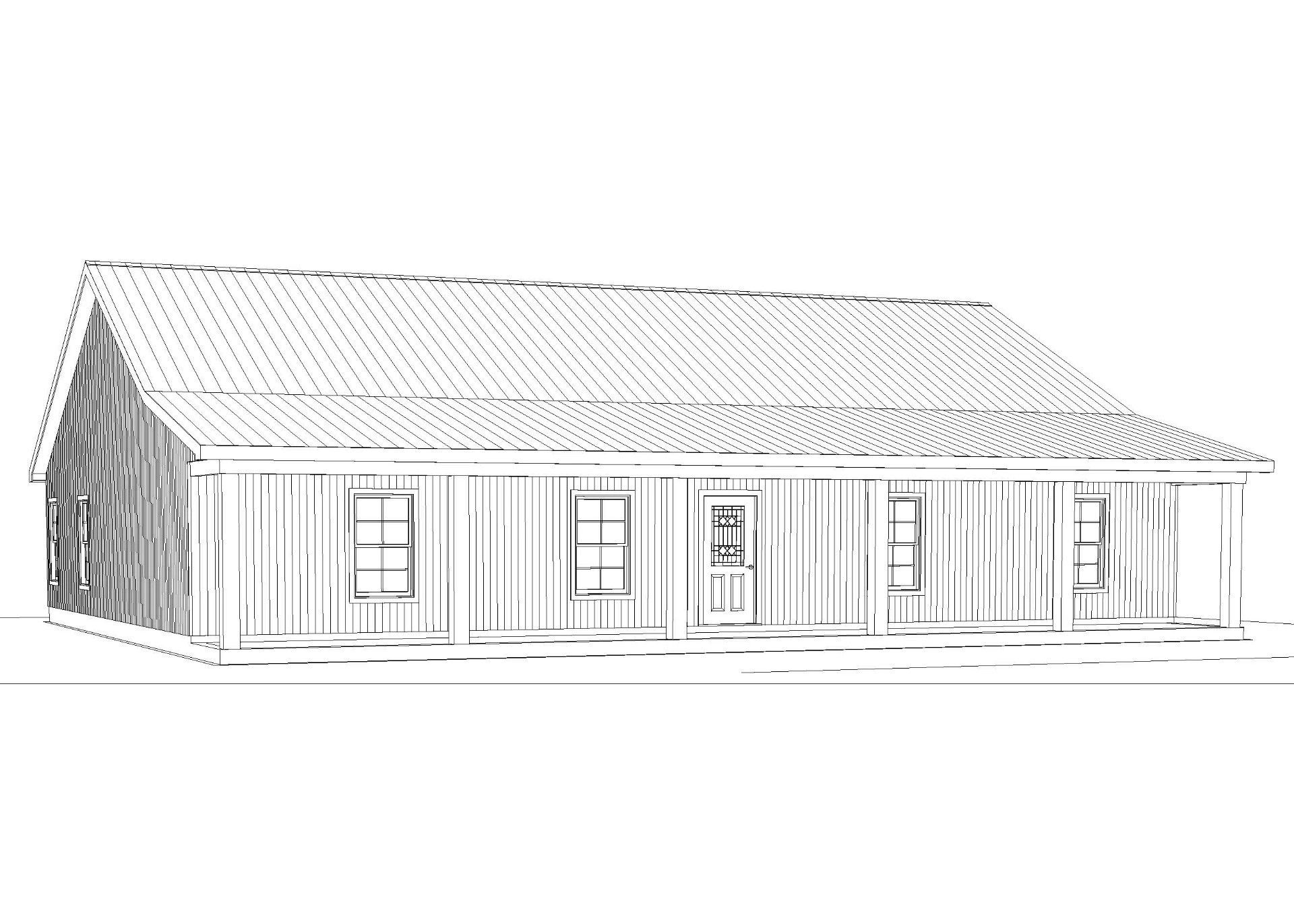 Line drawing of a barn-style house with a covered porch.