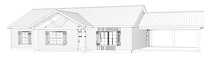 Line drawing of a single-story house with a carport.