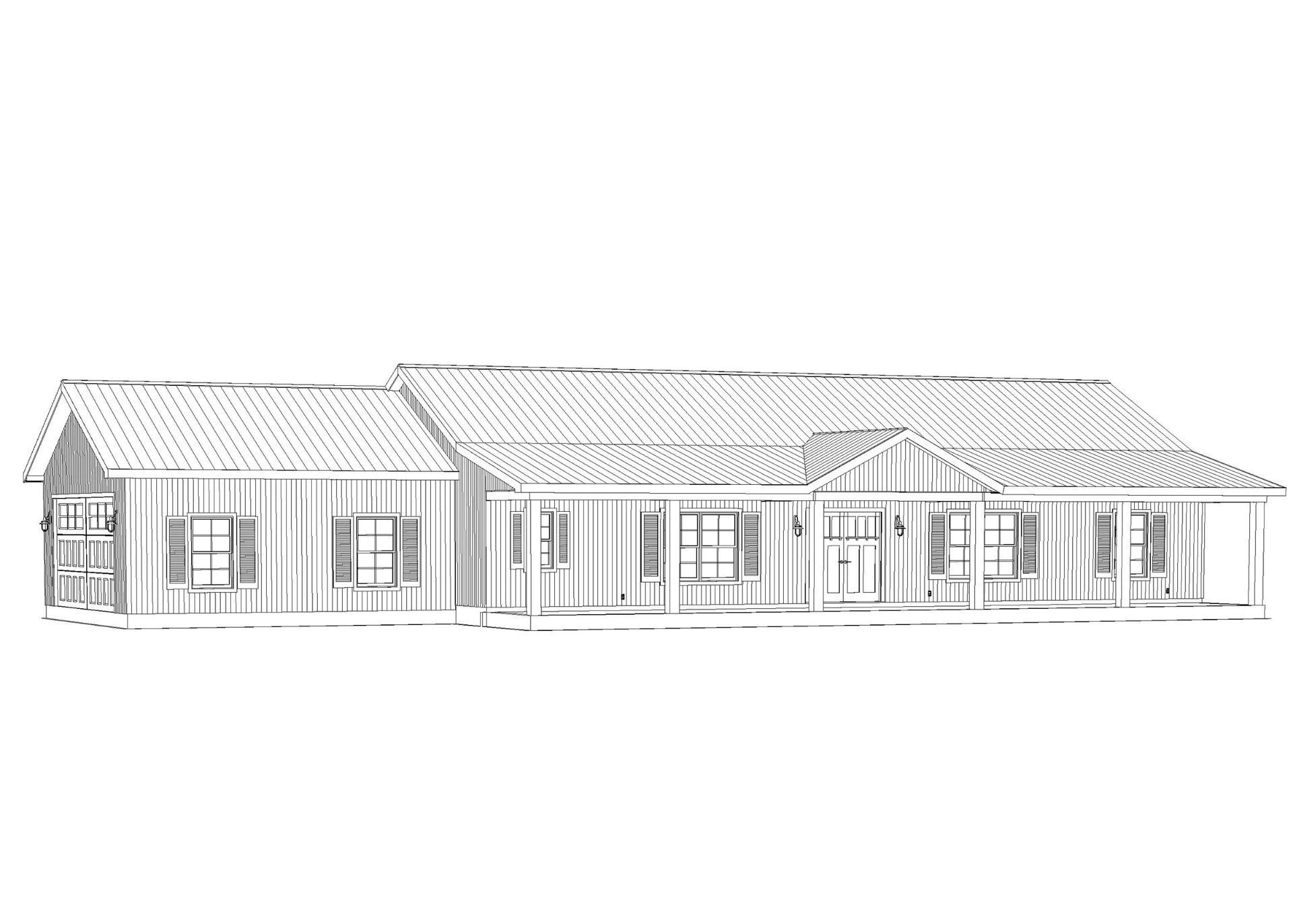 Line drawing of a single-story house with a porch and multiple windows.