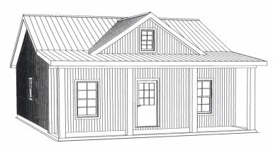 Black and white sketch of a small house.