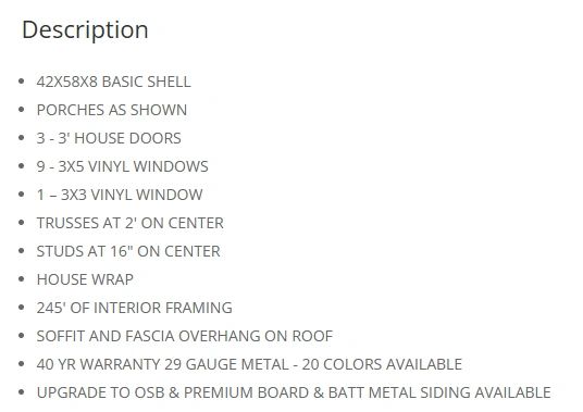 Construction materials and specifications listed for a building project.