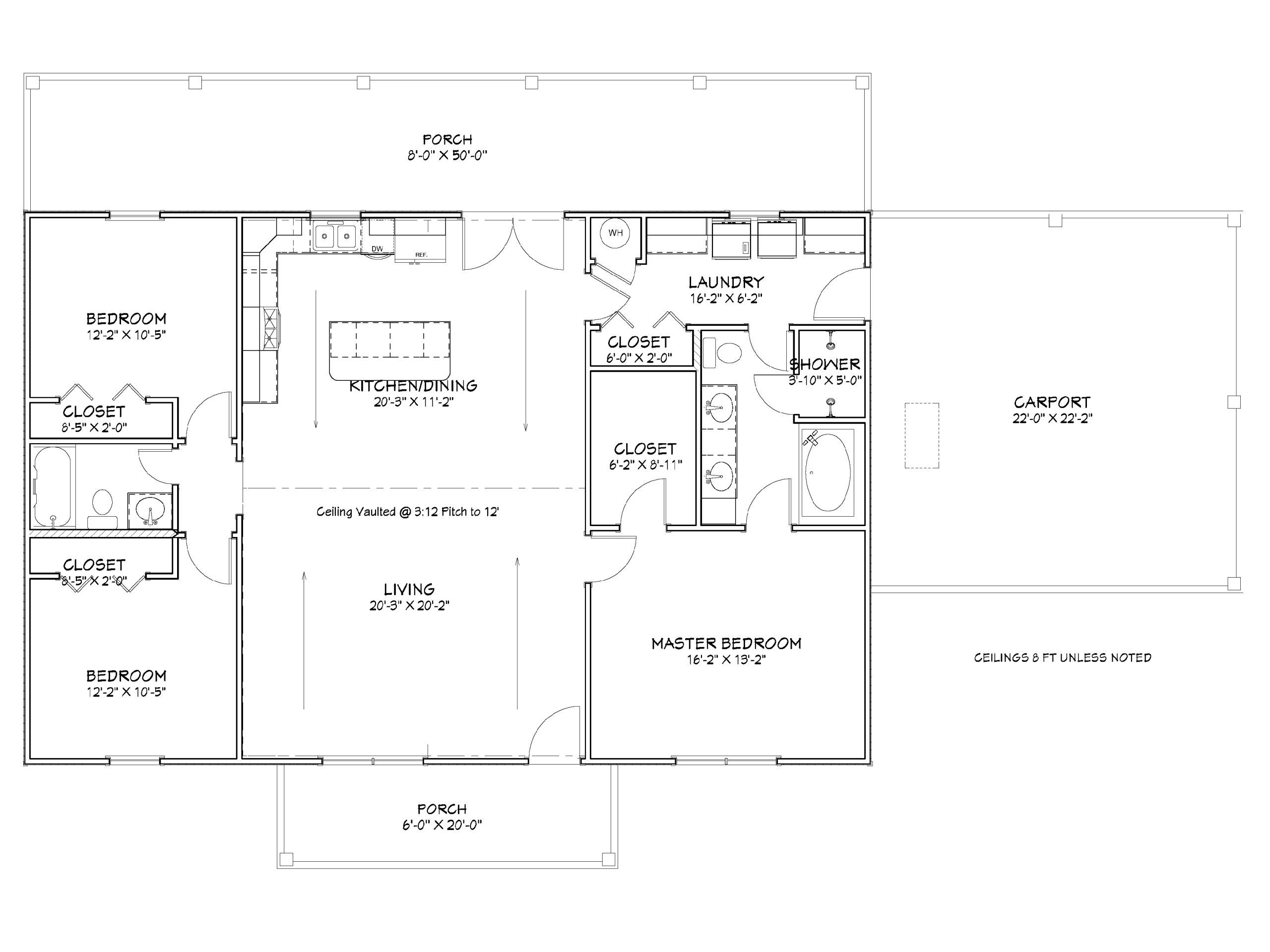 Floor plan showing bedrooms, kitchen/dining, living area, laundry, master bedroom, porches, and carport.