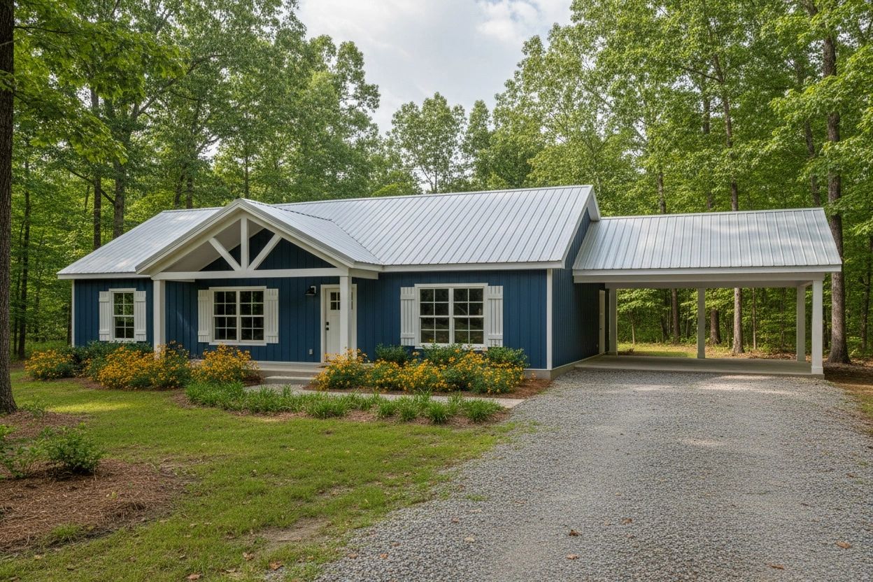 Blue house with white trim and metal roof in wooded area.