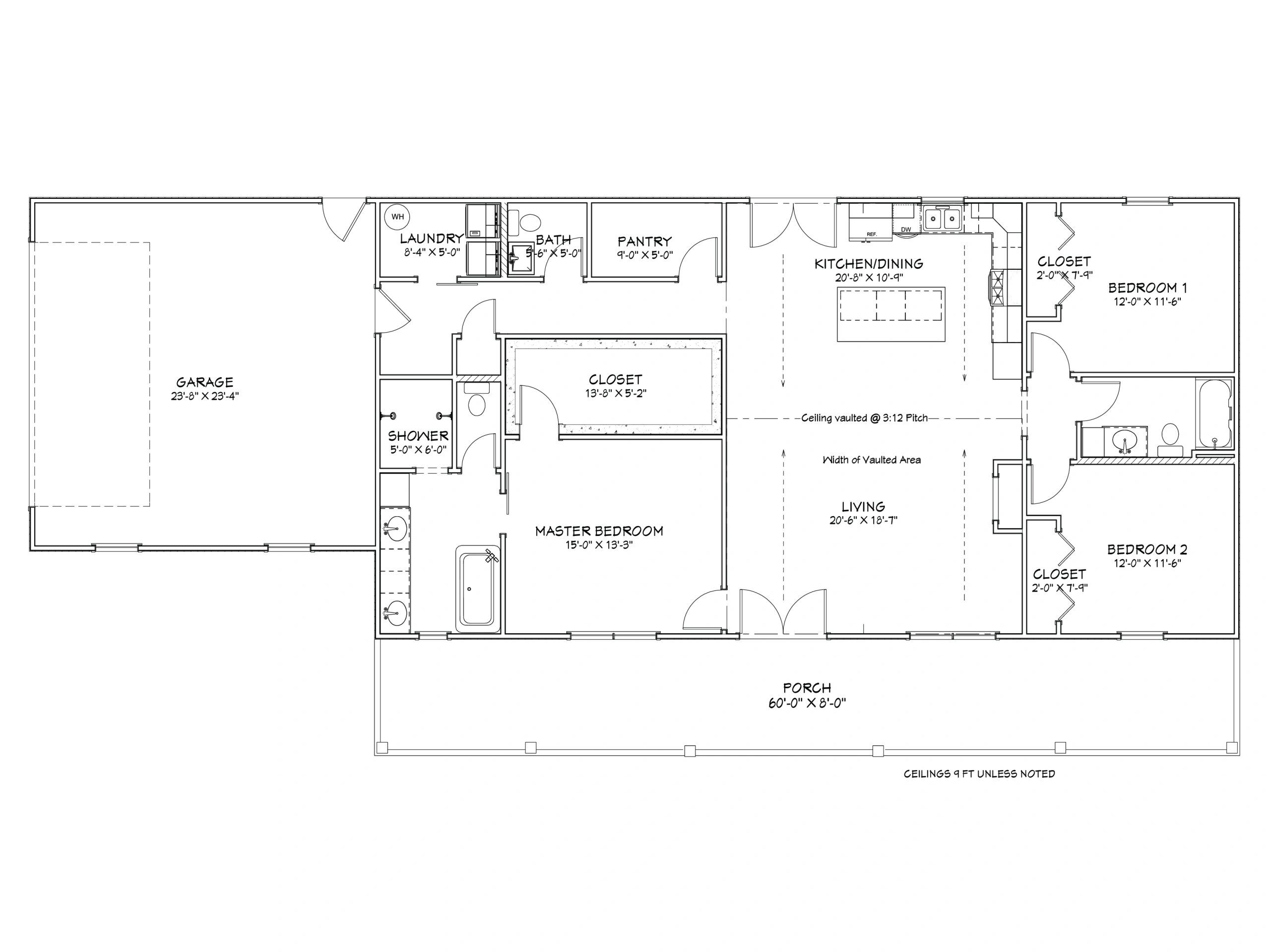 Architectural floor plan showing layout of rooms including garage, master bedroom, kitchen, and living area.