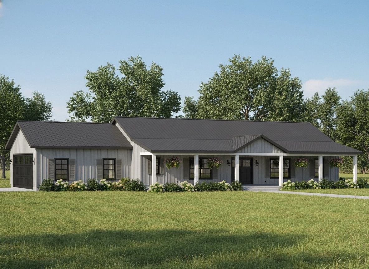 Modern farmhouse with black roof and front porch.