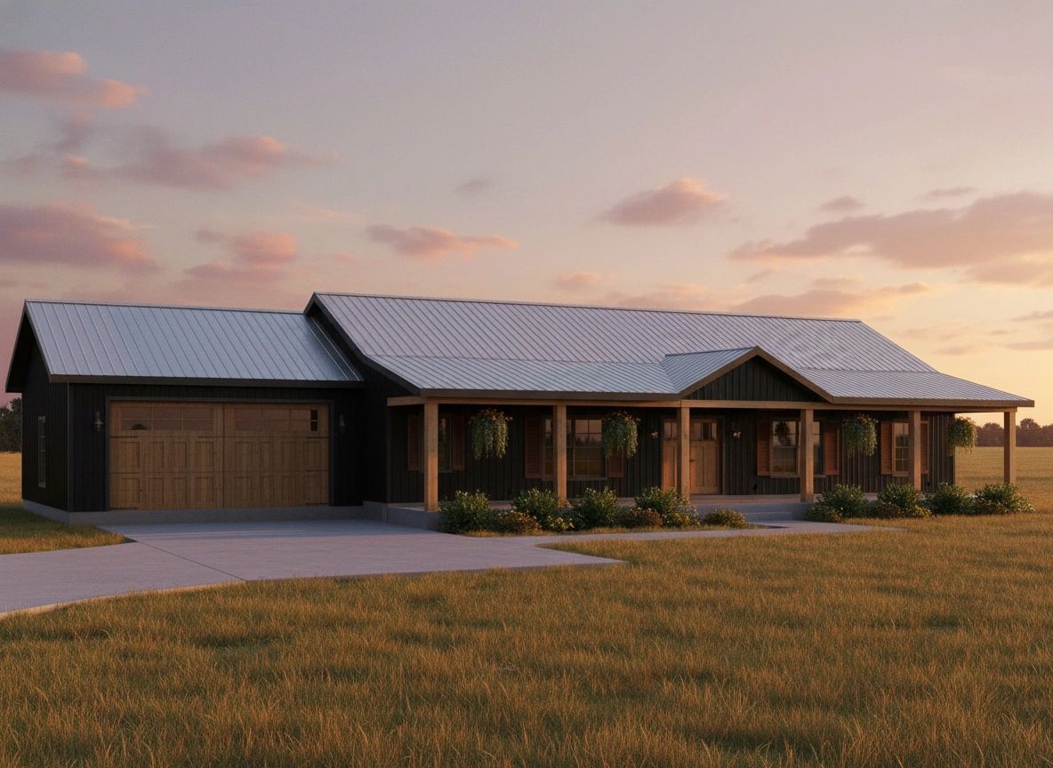 Modern farmhouse with black exterior and wood accents.