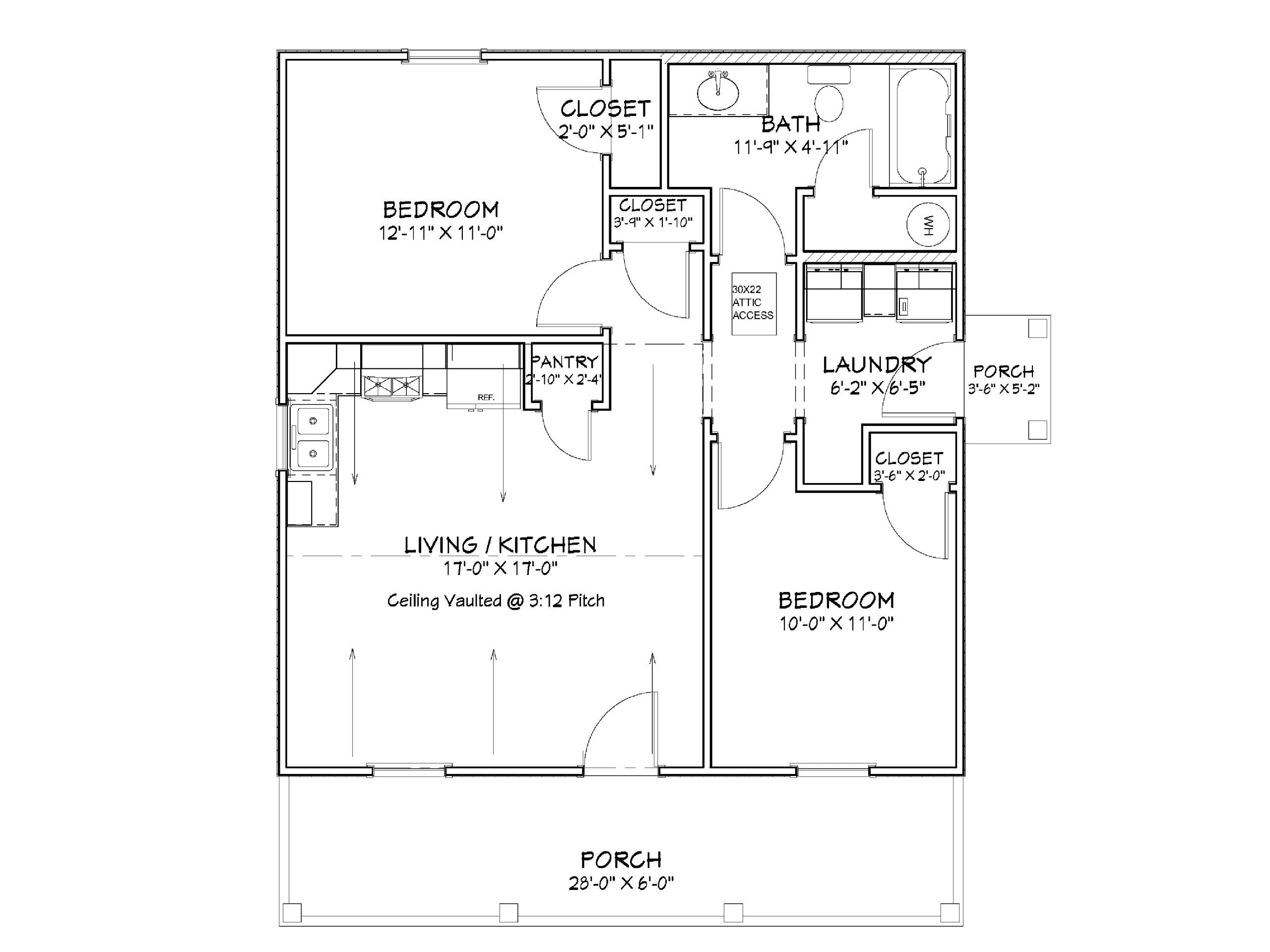 Floor plan showing two bedrooms, living/kitchen area, bath, laundry, pantry, and porches.