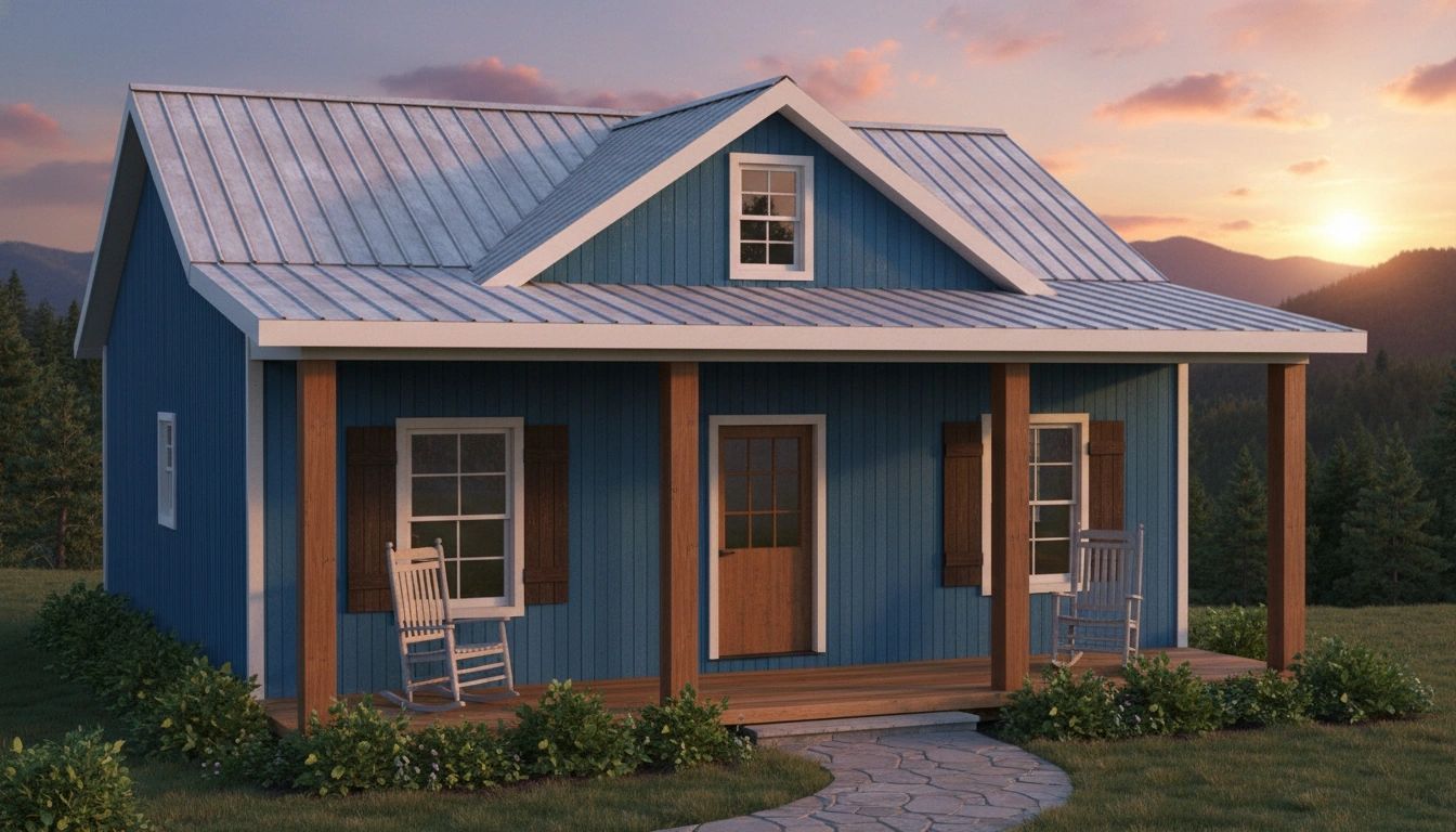 Blue cottage with rocking chairs on porch at sunset.