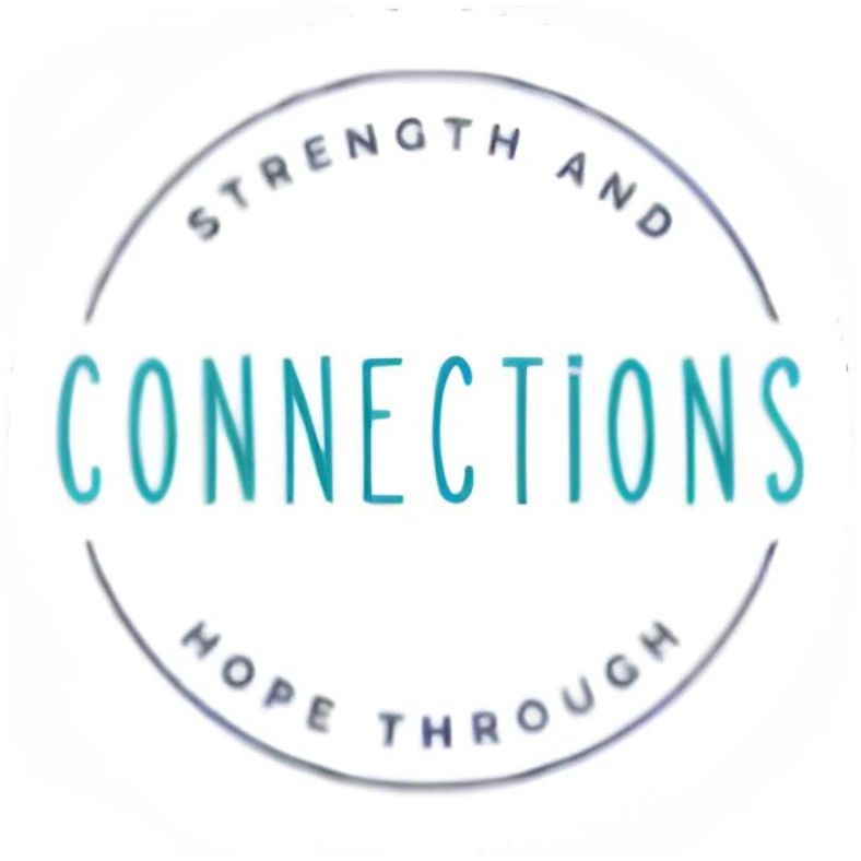 Logo with the phrase 'Strength and Hope Through Connections' in a circular design.
