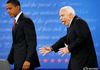 John McCain reacts as he accidentally starts to inappropriately follow Barack Obama offstage at end of final 2008 debate