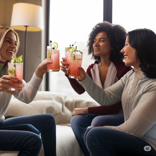 Three women cheer with refreshing cocktails in a cozy living room.