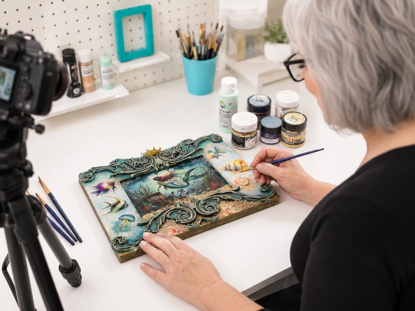 Woman painting an ornate mermaid-themed mixed-media craft while filming a tutorial.
