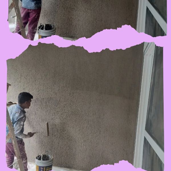 Tej Mayurban showcasing professional external painting and construction work with scaffolding and textured walls.
