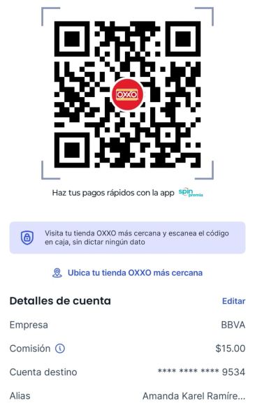 Código QR para pagos rápidos en tiendas OXXO con detalles de cuenta BBVA.