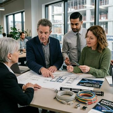 Four professionals discussing architectural plans around a table with cables and tech materials.