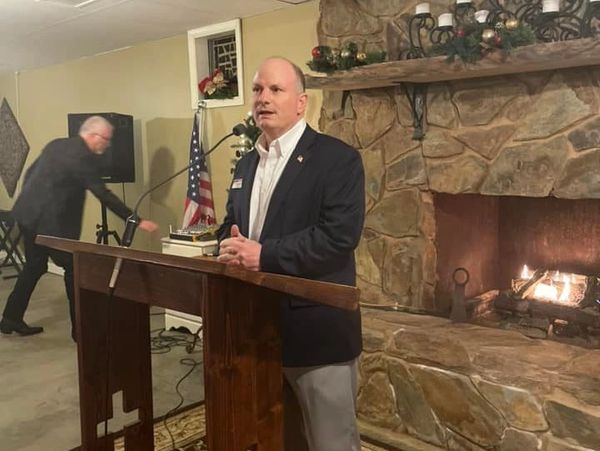 Brian Barrier speaking at Burke GOP Christmas dinner