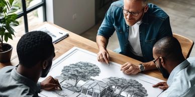 Three men reviewing architectural drawings at a table.