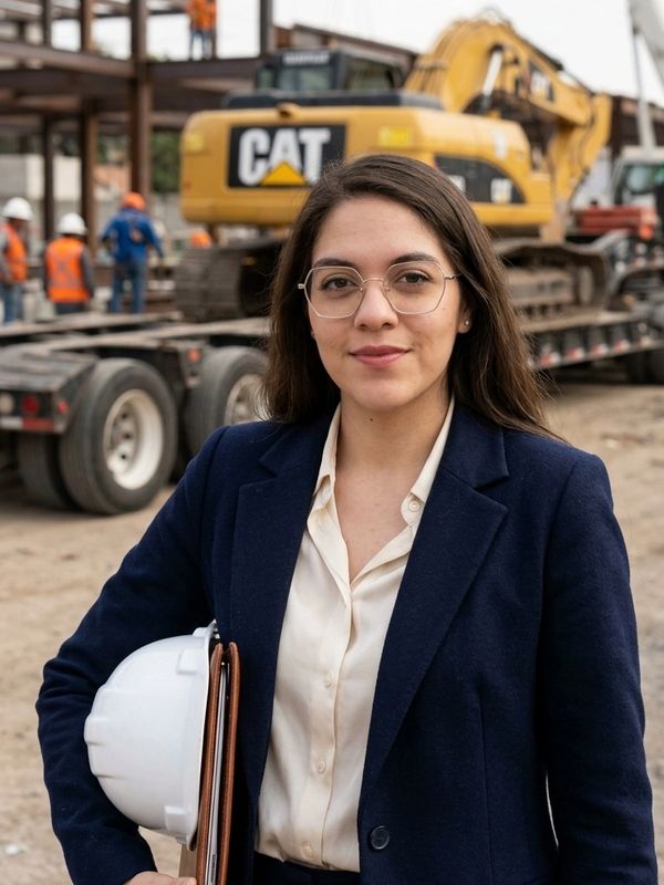 Confident female engineer at a construction site with safety helmet and clipboard.