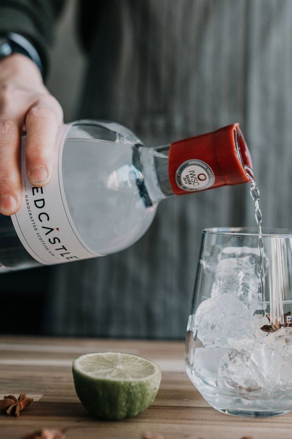 A Delicious Redcastle gin, made in Arbroath Angus, being poured