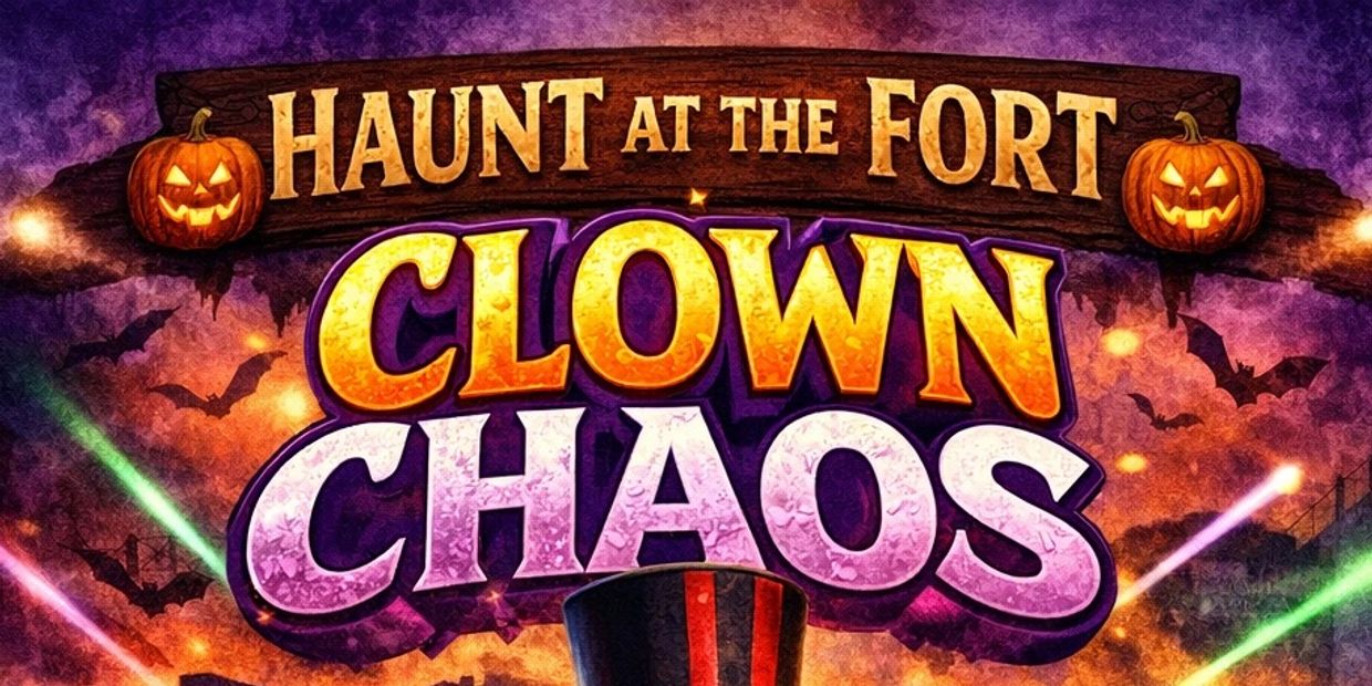 Halloween-themed Clown Chaos event at the Fort with jack-o'-lanterns and bats.