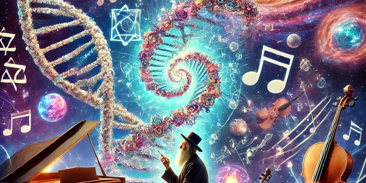 Man in hat surrounded by musical instruments and cosmic DNA spiral.