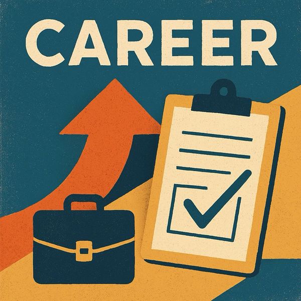 The word career above a clipboard with a checkmark on it and a brief case.
