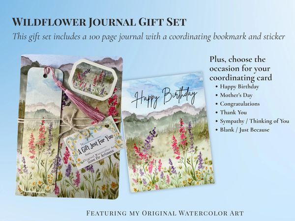 Wildflower Journal Gift Set with journal, bookmark, sticker, and customizable card.