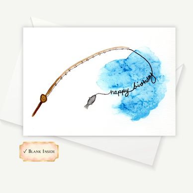 Fishing Birthday Card with fishing pole and fish, and handwritten Happy Birthday in the fishing line