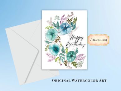 Watercolor floral birthday card with envelope.
