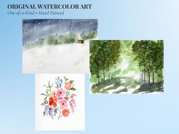 Original hand-painted watercolor paintings featuring peaceful nature scenes, landscapes, and flowers.