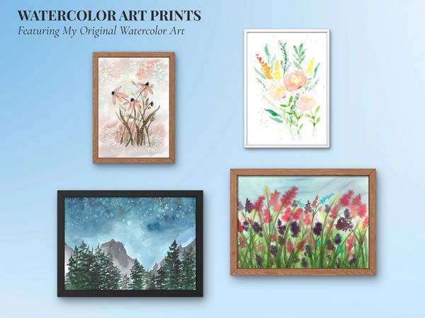 Four framed watercolor art prints featuring flowers and a landscape.