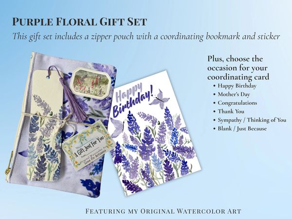 Purple floral gift set with pouch, bookmark, sticker, and customizable card.